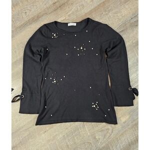 Marie Claire Boutiques Black Pearl Embellished Knit Top Tie Cuff Long Sleeve